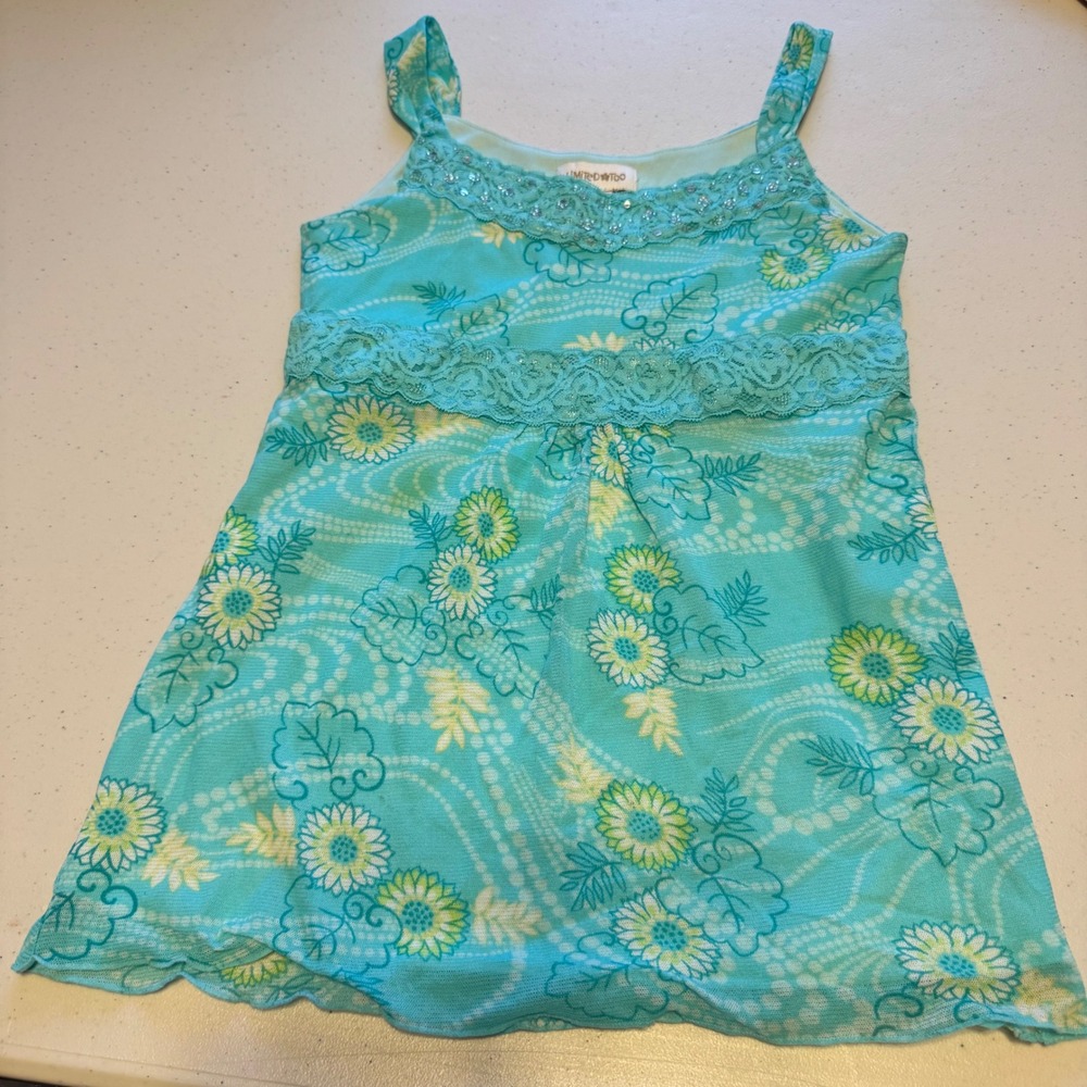 Y2K Vintage 2000s Limited Too Girls 10 Blue Floral Sequin Lace Mesh Tank Top